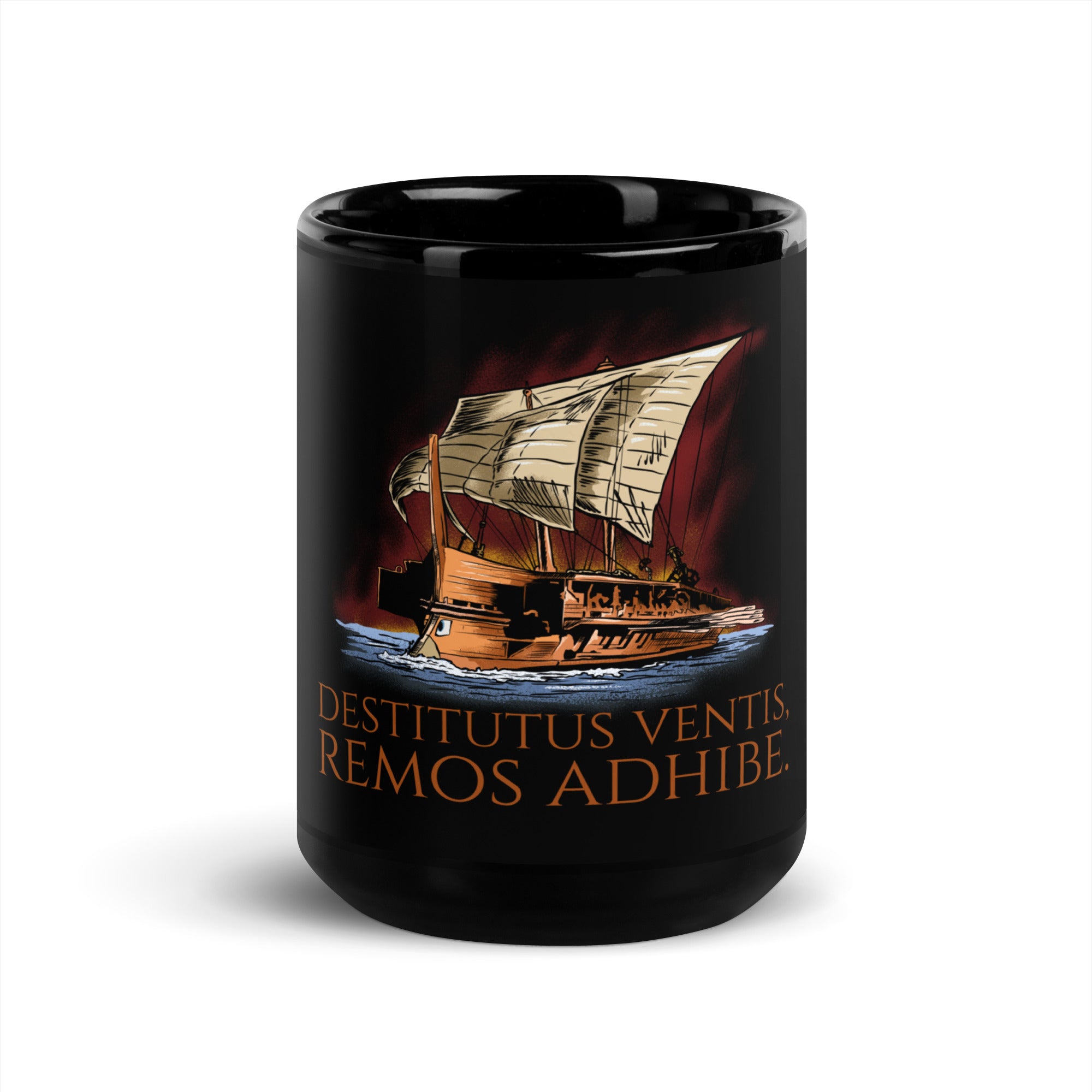 Destitutus Ventis, Remos Adhibe - If The Wind Will Not Serve Take To The Oars - Stoic Latin Saying Black Glossy Mug